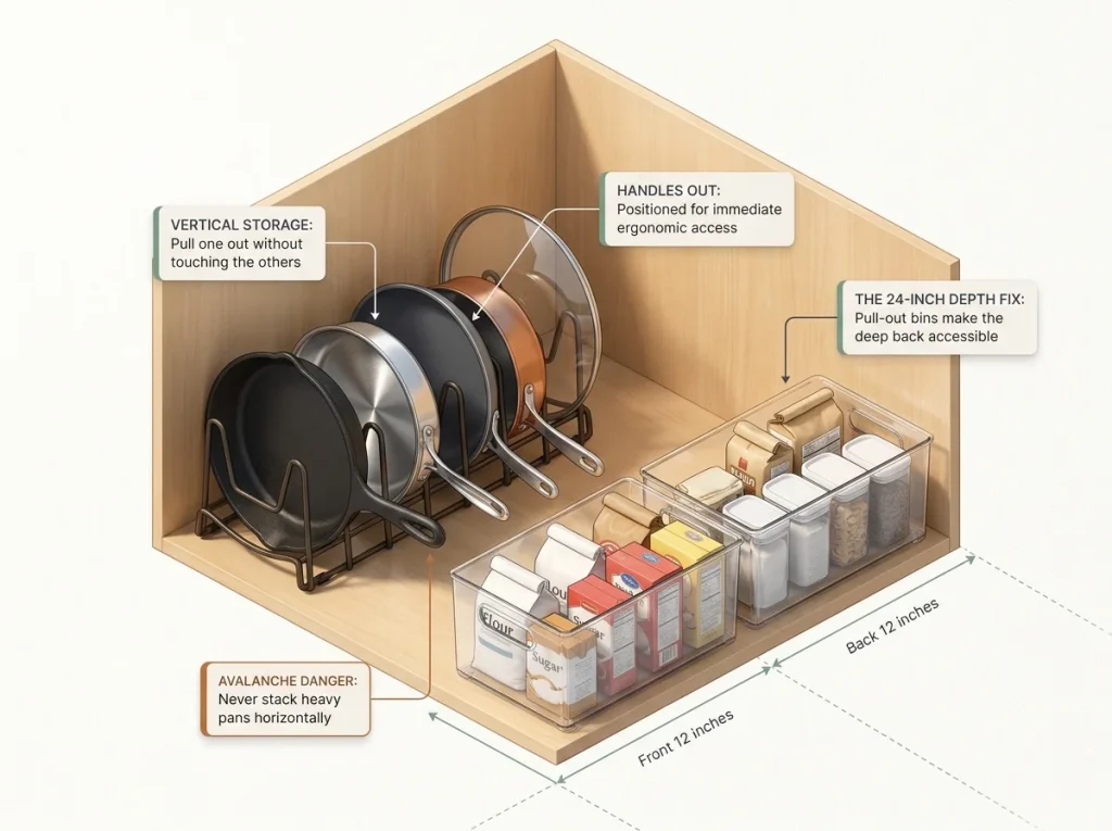 Infographic showing lower base kitchen cabinet organized with a vertical pan rack and clear pull-out bins