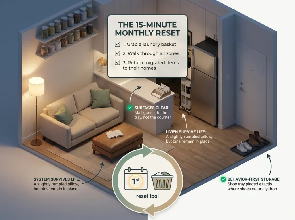 Infographic showing an organized small apartment with clear surfaces and a 15-minute monthly reset routine checklist