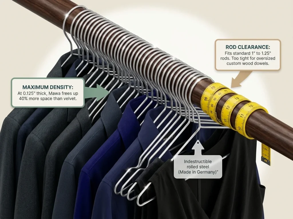 5 Slim Hangers Tested — One Freed 11 Inches of Rod 11 Infographic showing extreme density of Mawa ultra-thin metal hangers on a closet rod with measuring tape