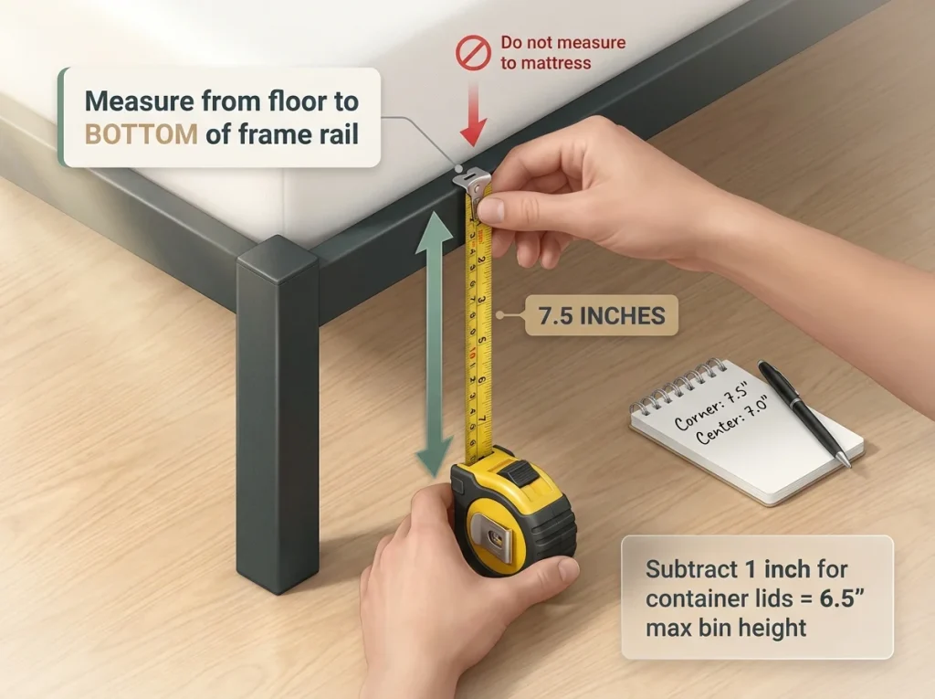 Infographic showing how to measure under-bed clearance with a tape measure, highlighting the 7.5-inch mark and floor-to-rail path