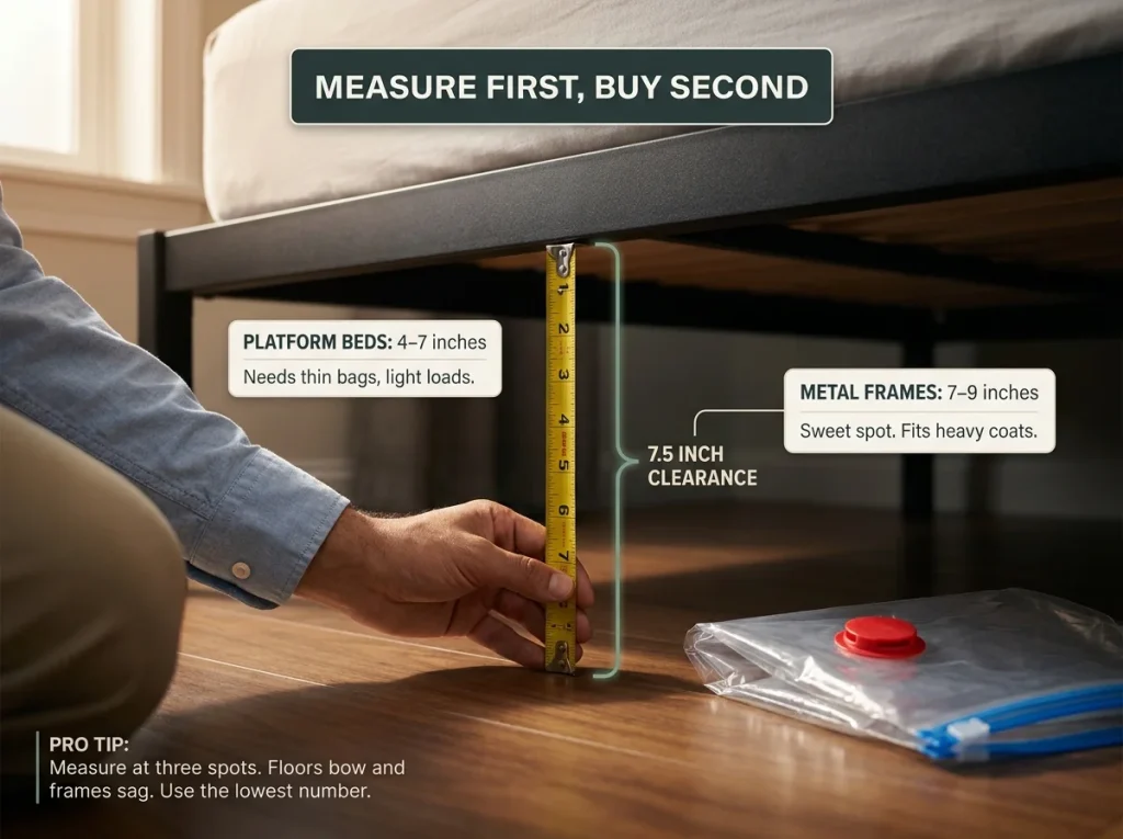 Infographic showing how to measure bed clearance for vacuum bags using a tape measure under a metal frame
