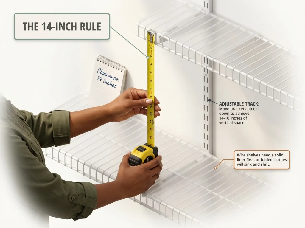 Why Your Closet Shelf Piles Keep Falling Over 4 Infographic showing how to measure closet shelf vertical clearance with a tape measure and adjustable track brackets