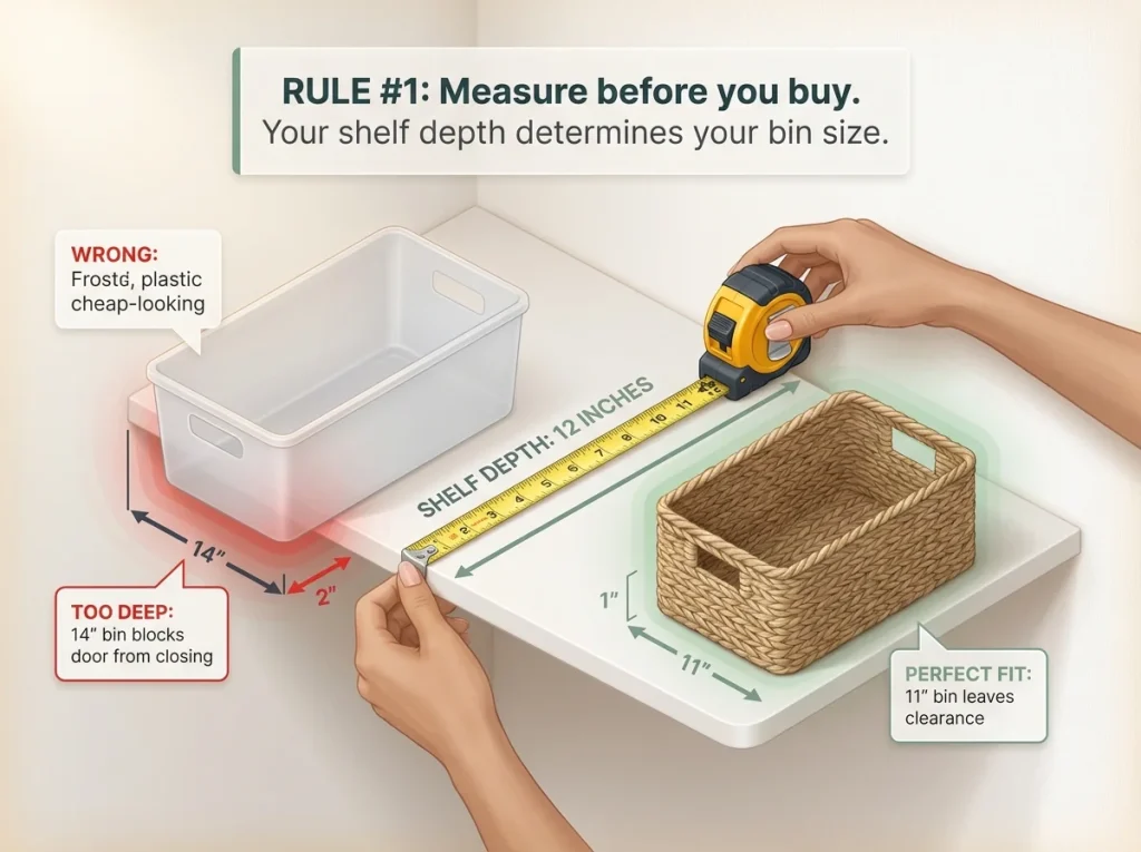 Infographic showing hands measuring closet shelf depth with tape measure and mismatched storage bins
