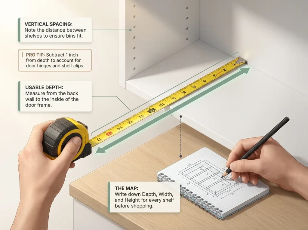 Infographic showing how to measure apartment cabinet depth and spacing before buying organization bins