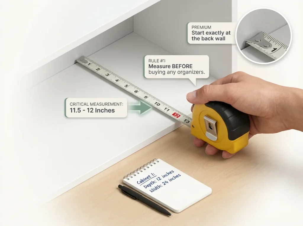 Infographic showing how to measure upper kitchen cabinet depth with a tape measure and notepad