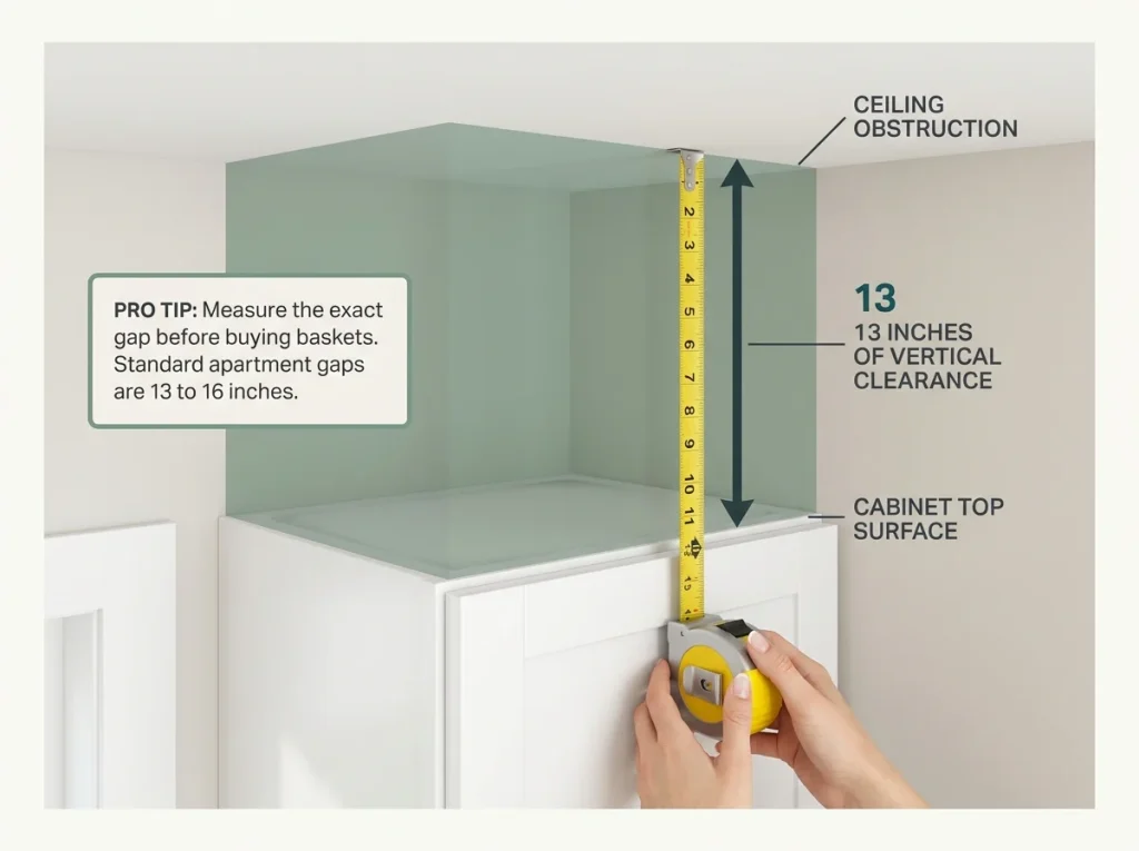Infographic showing how to measure the vertical clearance gap above kitchen upper cabinets for storage