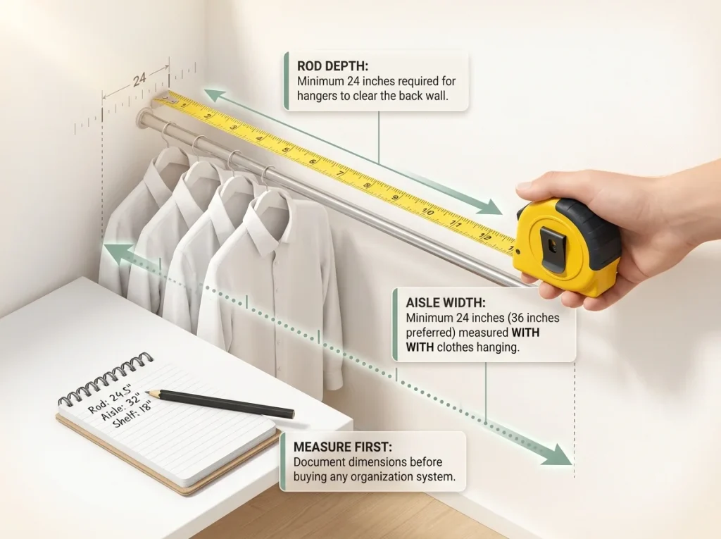 How to Organize a Walk-In Closet by Zones 4 Infographic showing how to measure walk-in closet rod depth and aisle width with tape measure