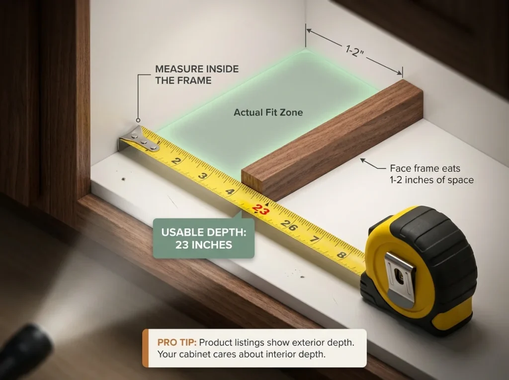 Infographic showing a close-up of a tape measure taking the 23-inch interior depth reading inside a kitchen cabinet