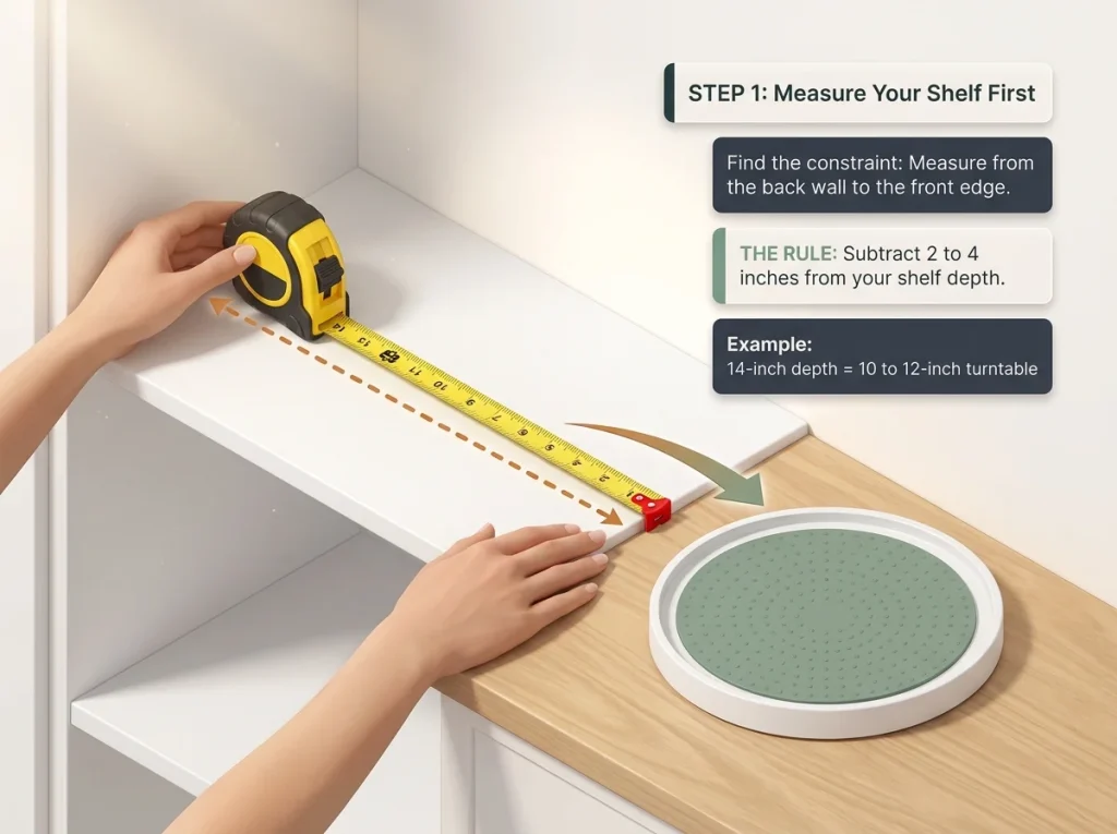 Infographic showing how to properly measure a pantry shelf depth for a turntable using a tape measure.