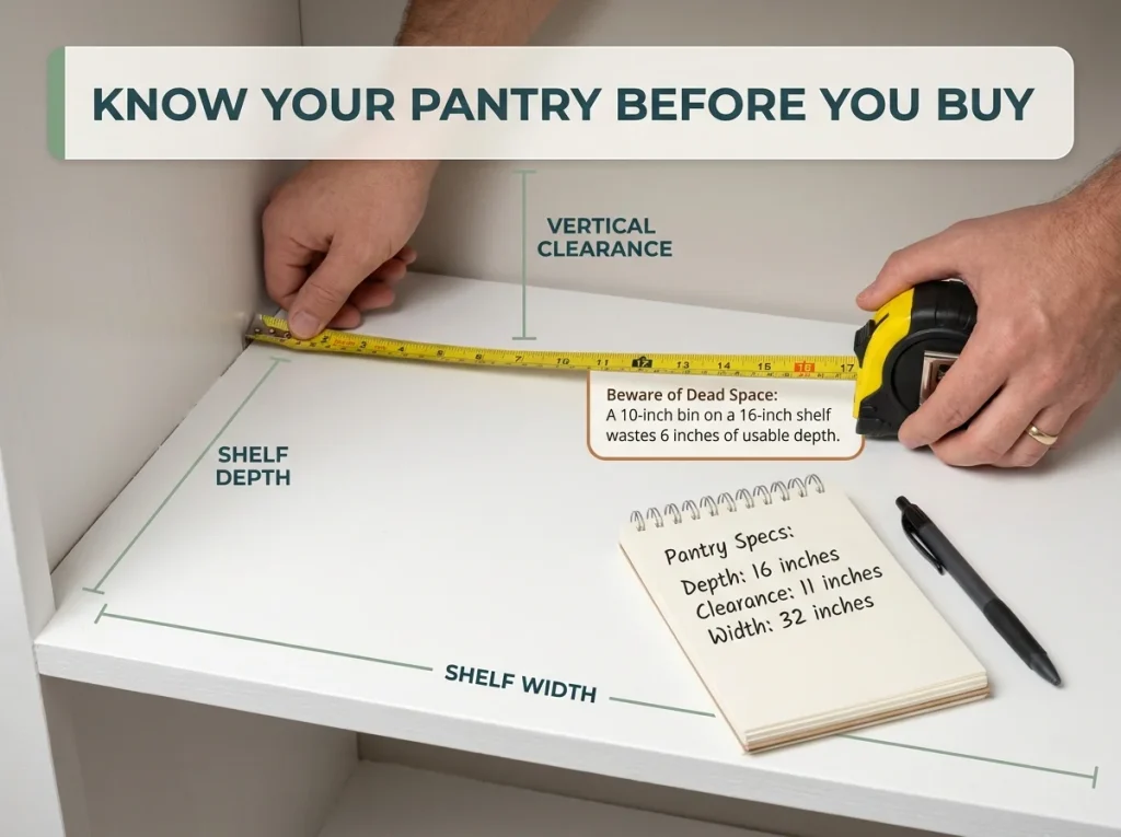 Pantry Organization That Works After the First Week 4 Infographic showing hands measuring a 16-inch pantry shelf depth with a tape measure and notepad