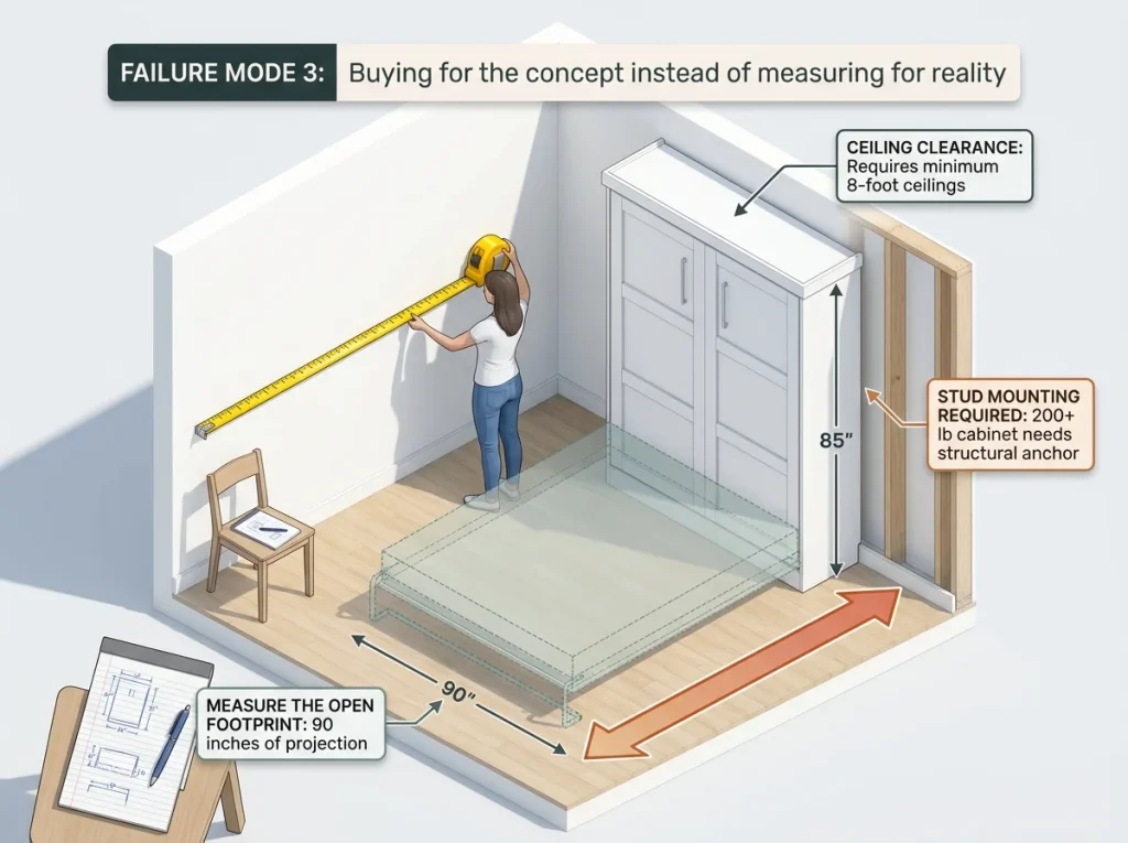 Infographic showing a woman measuring wall space for a Murphy bed with safety warnings and clearance dimensions