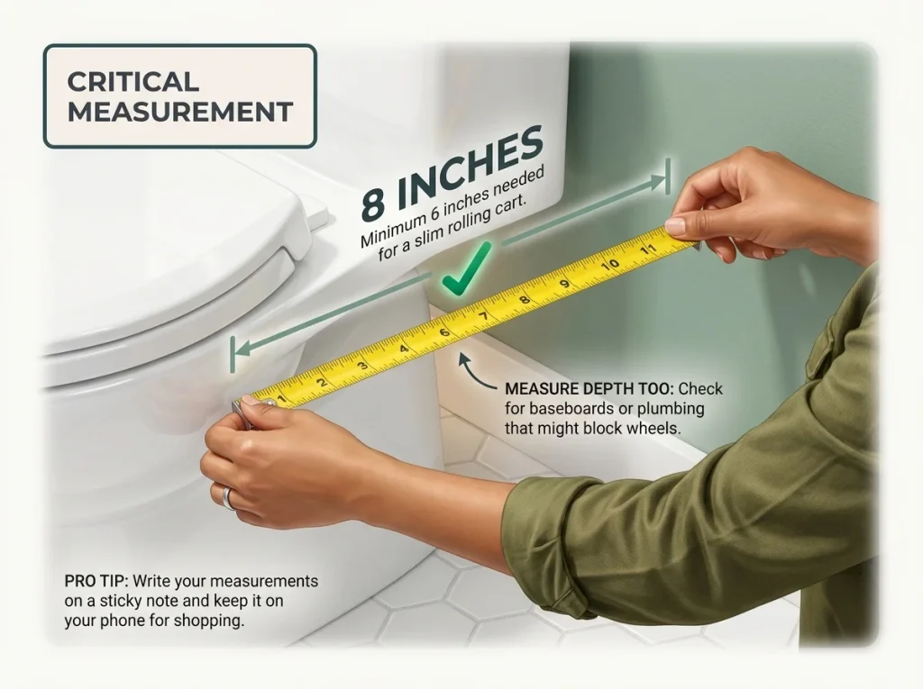 Infographic showing how to measure the gap between a toilet and wall for slim rolling cart storage
