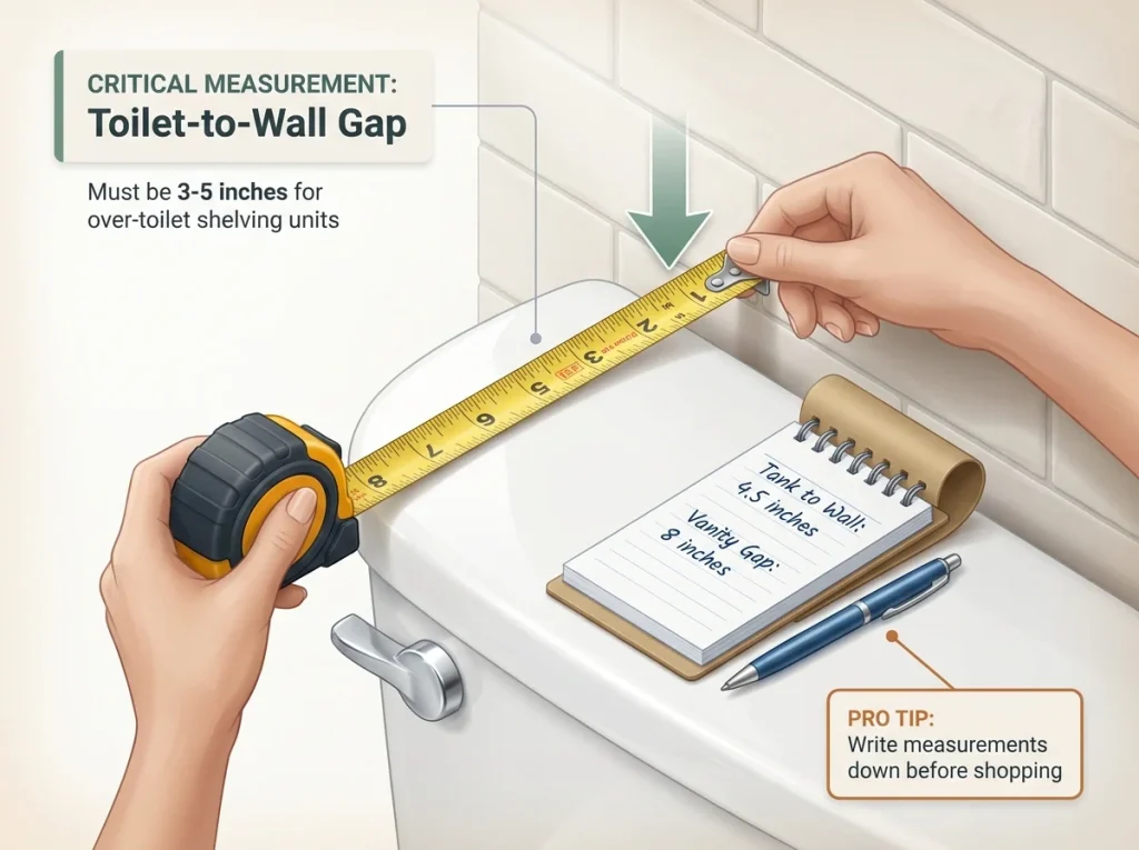 Infographic showing hands measuring the gap between a toilet tank and wall with a notepad recording clearance dimensions