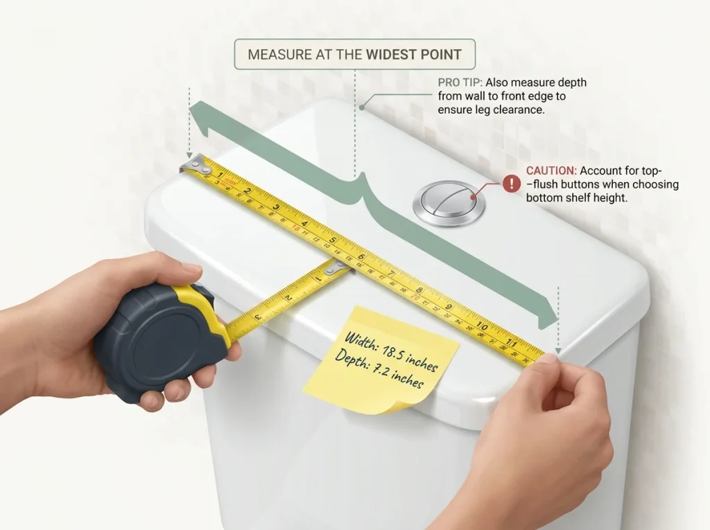 Infographic showing how to measure toilet tank width with tape measure, sticky note, and precise measurement labels