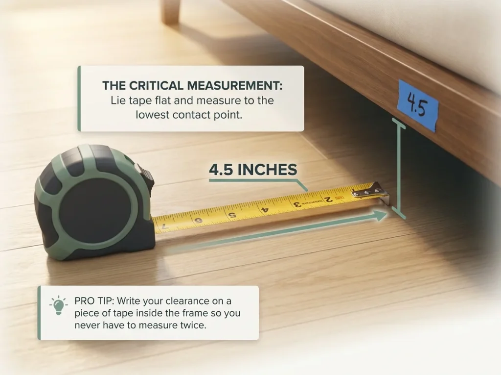 Infographic showing floor-level tape measure reading 4.5 inches of clearance under a solid platform bed base