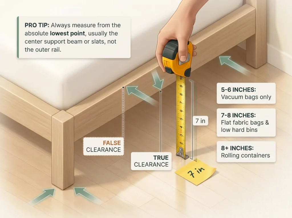 Infographic showing how to measure under-bed clearance with labeled tape measure, minimum height zones, and center support warnings