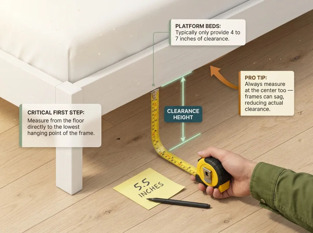 Infographic showing how to measure under-bed clearance with labeled tape measure and frame height zones