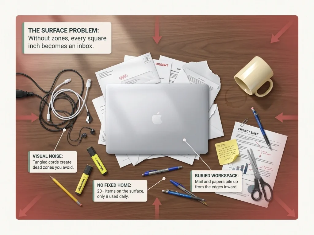 Infographic overhead view of a cluttered messy desk showing disorganized papers, tangled cables, and scattered supplies without zones