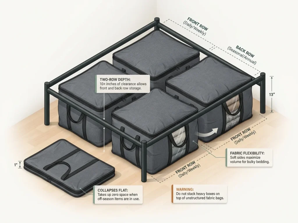 Infographic showing two rows of fabric storage bags organized under a high-clearance metal bed frame