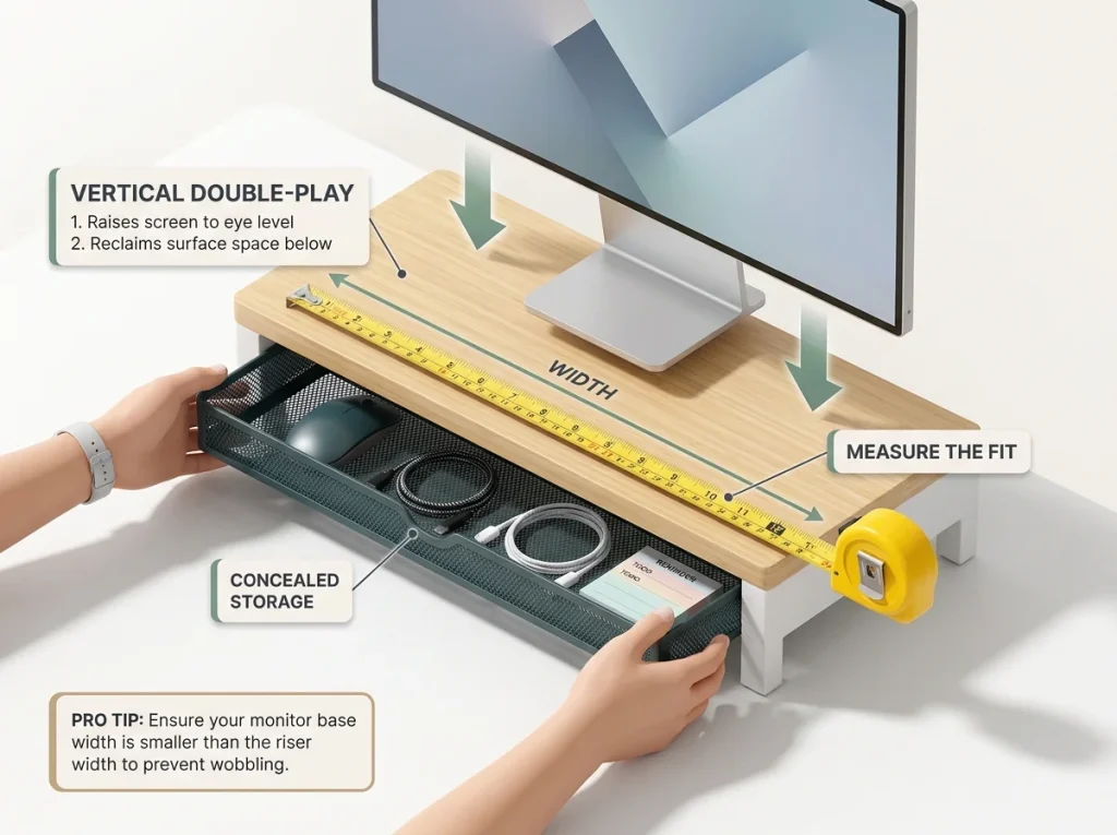 Infographic showing a monitor stand riser with under-drawer storage and measuring tape for fitment