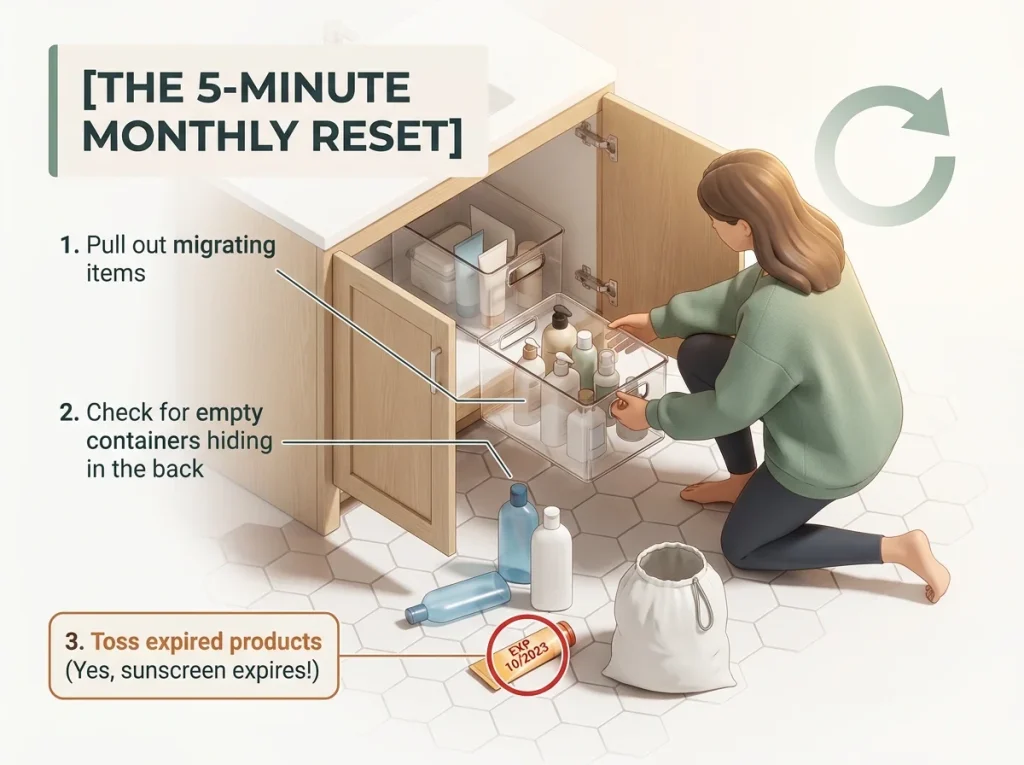 Infographic showing a woman performing a 5-minute monthly bathroom storage reset by pulling out clear bins to discard expired items