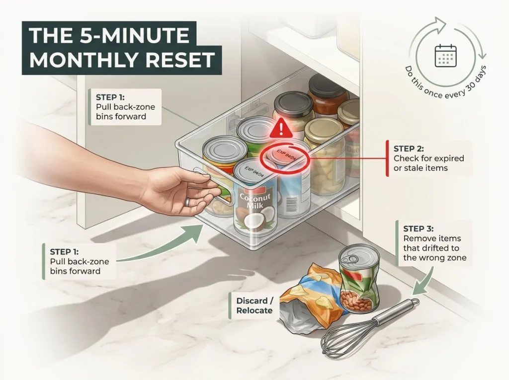 Infographic showing the 5-minute monthly cabinet reset process checking for expired items in pull-forward bins