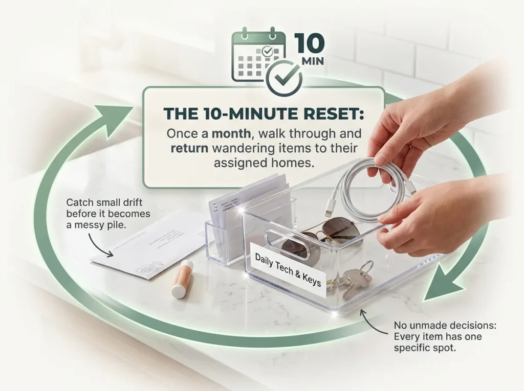 Infographic showing hands placing a phone charger into a labeled daily tech bin during a 10-minute monthly reset