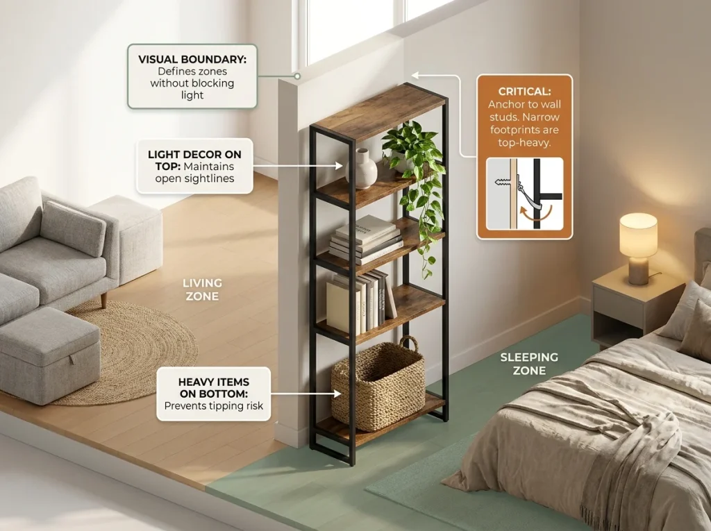 Infographic showing a tall narrow bookshelf used as a room divider between sleeping and living zones in a studio apartment