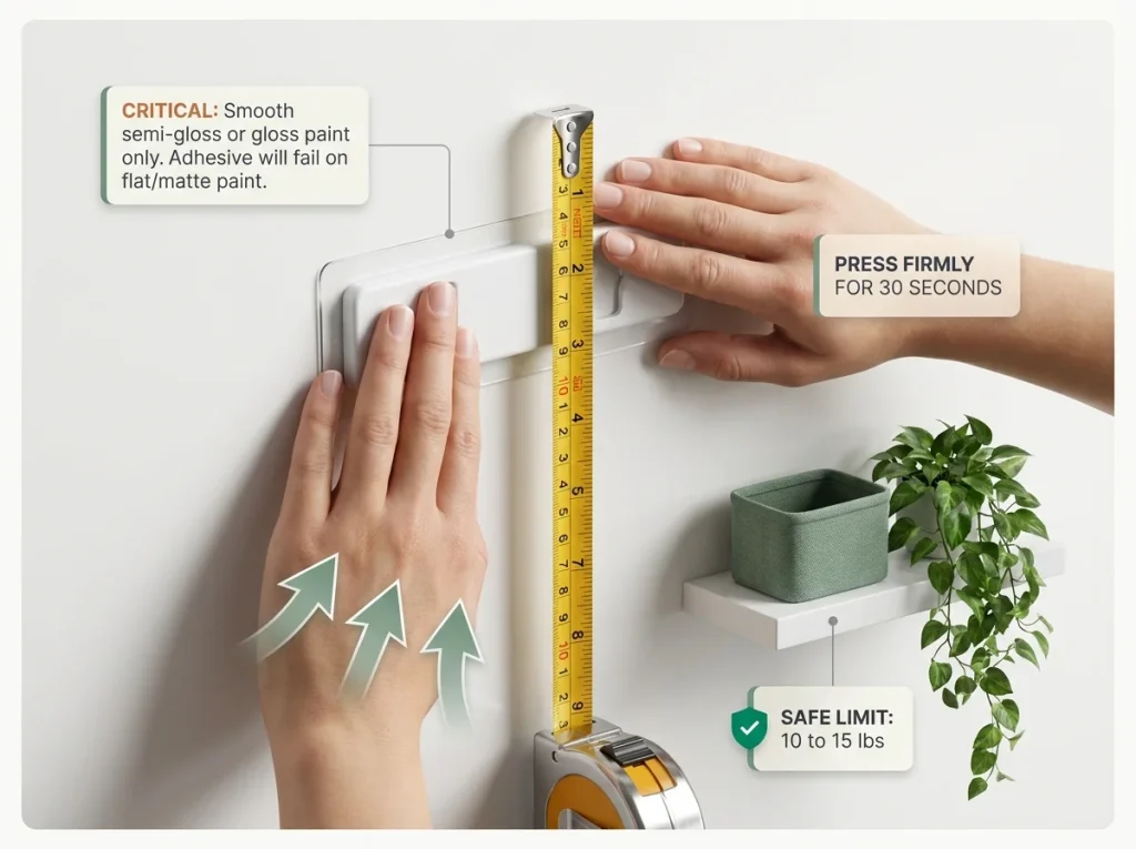 Infographic showing no-drill adhesive shelf bracket installation with smooth wall requirement and staggered shelf placement