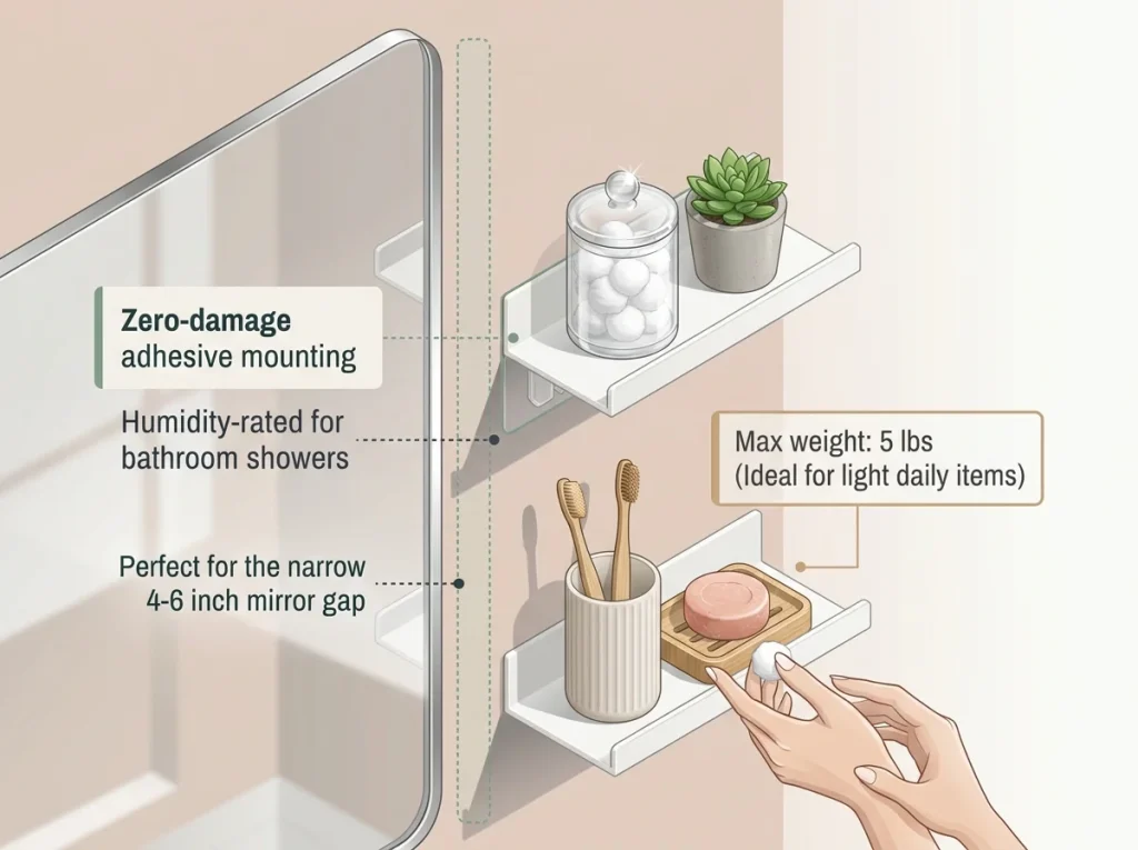 Infographic showing a woman's hands reaching for items on two no-drill floating shelves mounted beside a bathroom mirror