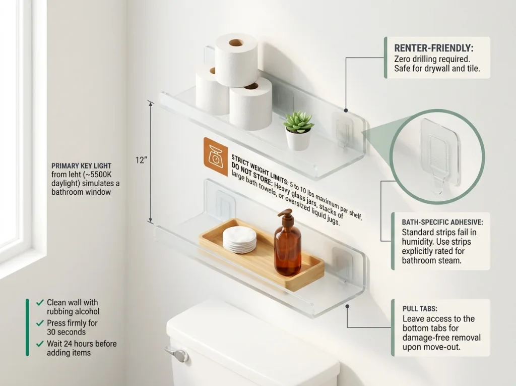 Infographic showing no-drill floating shelves mounted over a toilet with labeled adhesive strips and weight limits