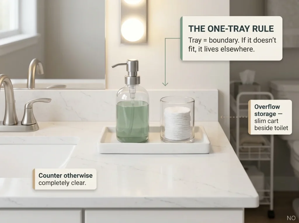 Editorial bathroom counter showing one-tray rule with white ceramic tray holding soap dispenser and cotton jar, slim rolling cart visible beside toilet in background