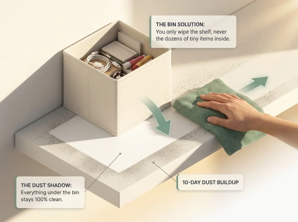 Infographic showing how storage bins protect items from dust on open apartment shelves with a visible dust shadow during cleaning