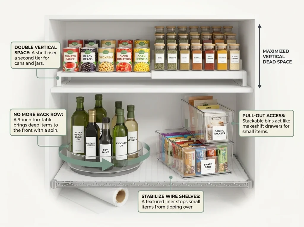 Infographic showing an organized apartment upper cabinet using shelf risers, turntables, and stackable bins