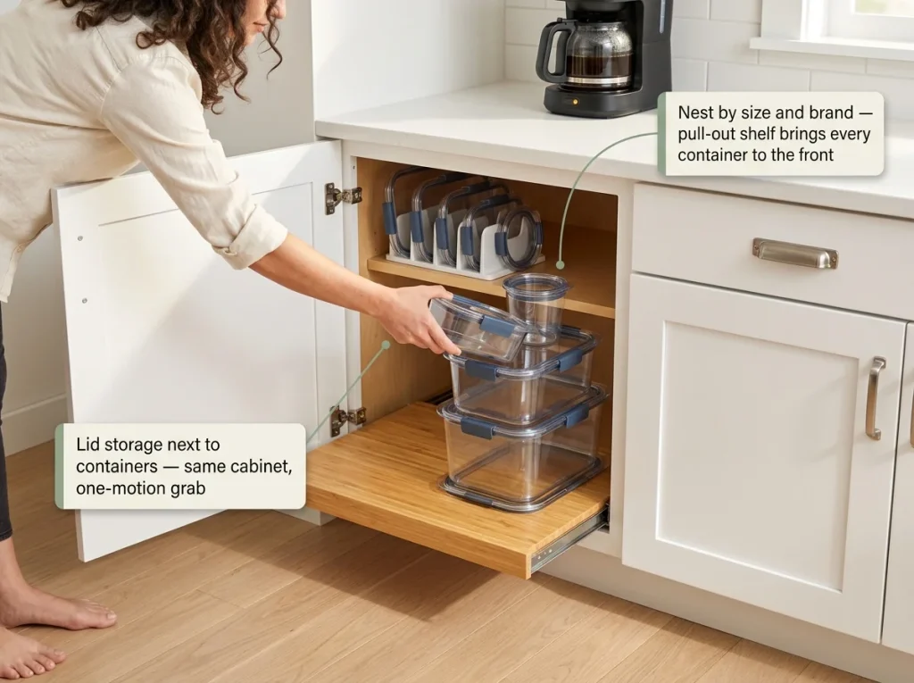 Lower cabinet after: nested Rubbermaid containers and YouCopia lid organizer with woman reaching inside to grab a container