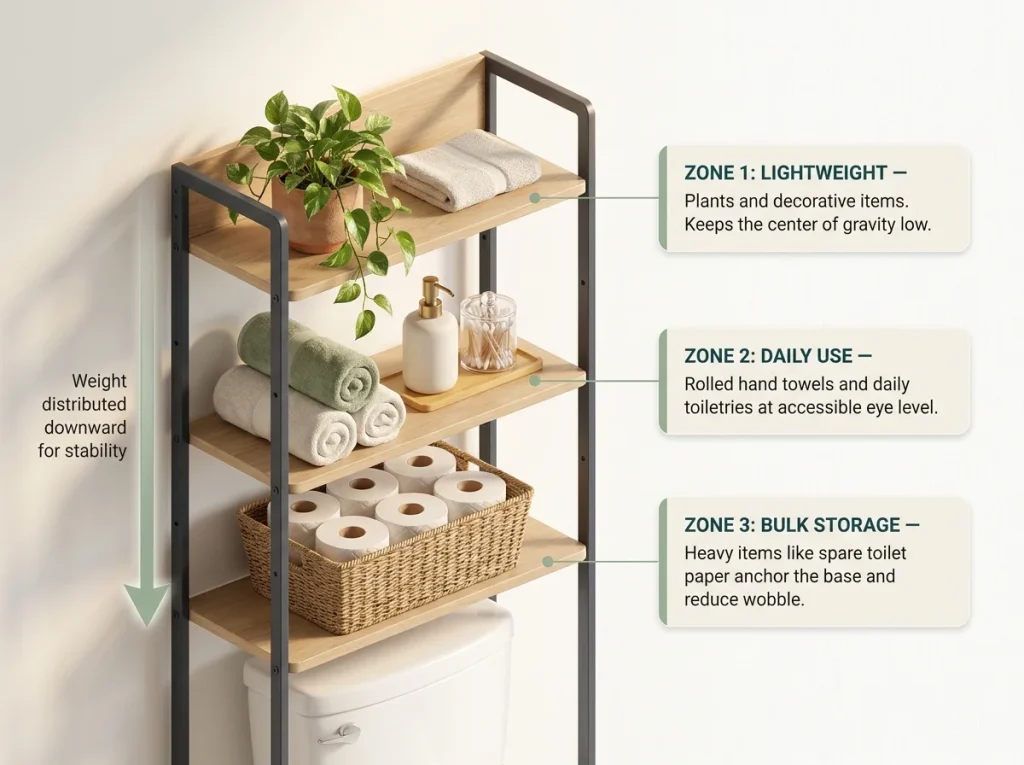 Infographic showing an organized over-toilet shelf with labeled storage zones for towels, toiletries, and paper