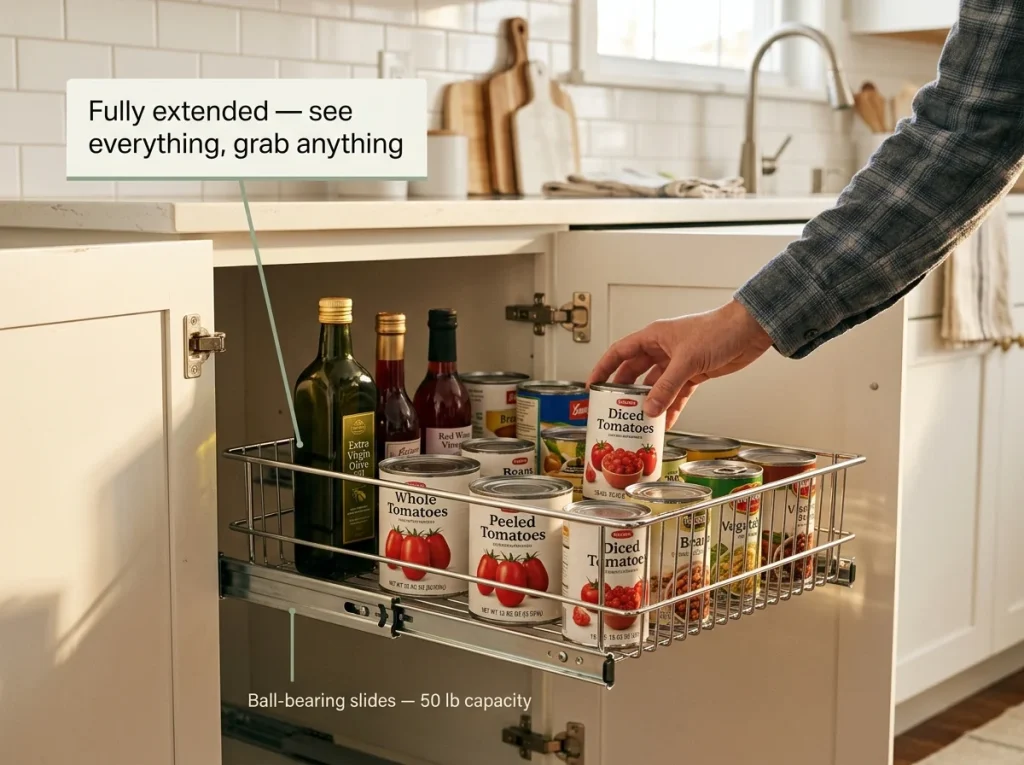After shot: chrome pull-out organizer loaded with canned goods and bottles, hand grabbing a can from organized base cabinet
