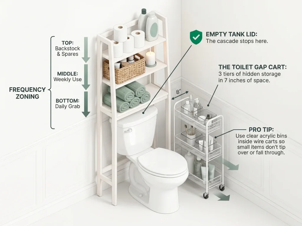 Infographic showing an organized toilet zone with a 3-tier over-toilet shelf and a slim rolling cart in the side gap