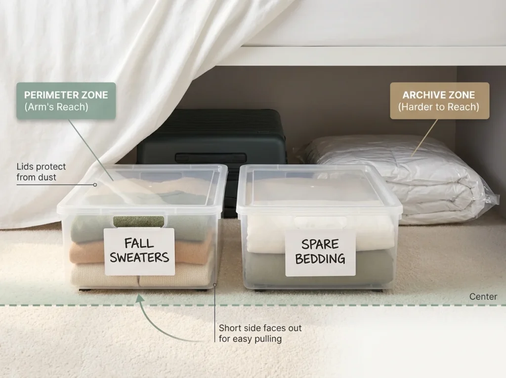 Infographic showing an organized under-bed zone at eye-level with labeled perimeter bins and archived center storage