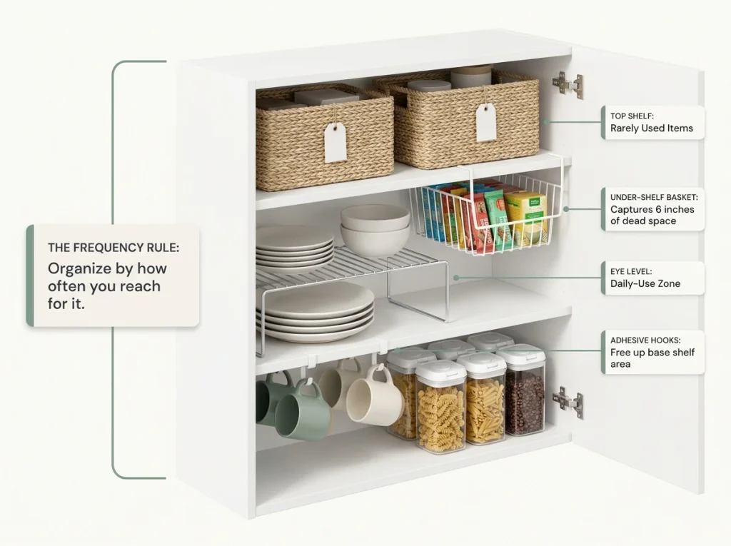 Infographic showing an organized upper cabinet with shelf risers, under-shelf baskets, and frequency zones