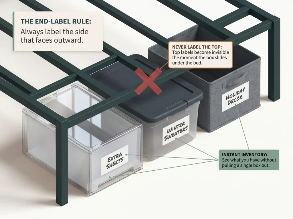Infographic showing under-bed storage containers organized with outward-facing end labels for instant visibility