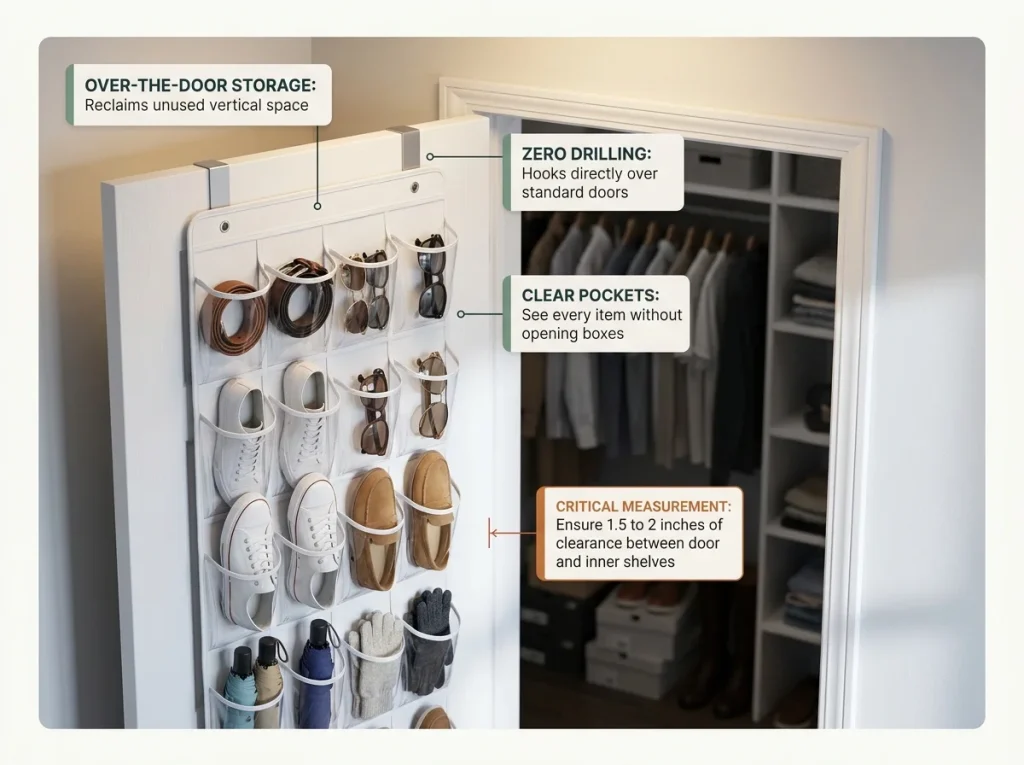 Why Budget Closet Makeovers Always Revert 9 Infographic showing a clear pocket over-the-door organizer holding shoes and accessories on a partially open white closet door