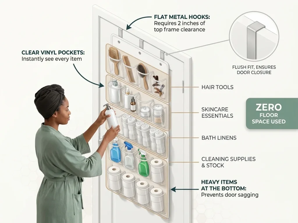 Infographic showing an over-the-door pocket organizer used for bathroom toiletries to save counter space