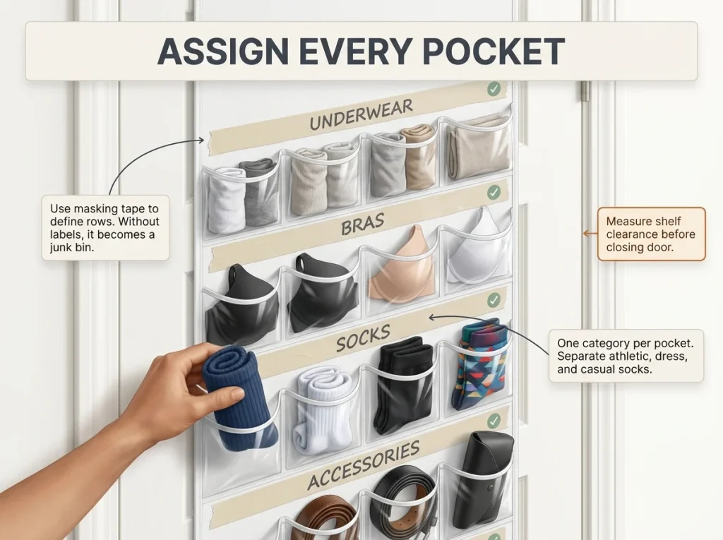 Infographic showing over-door 24-pocket organizer with assigned rows for underwear, bras, socks, and accessories
