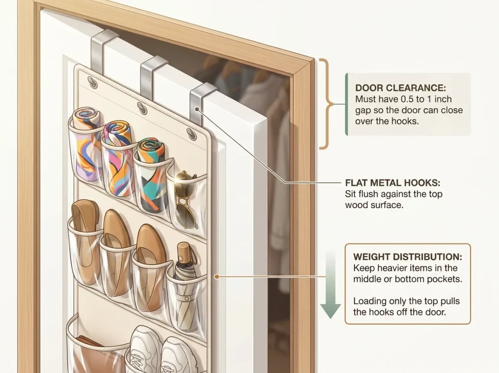 Infographic detailing over-the-door shoe organizer installation, showing proper door gap clearance and weight distribution
