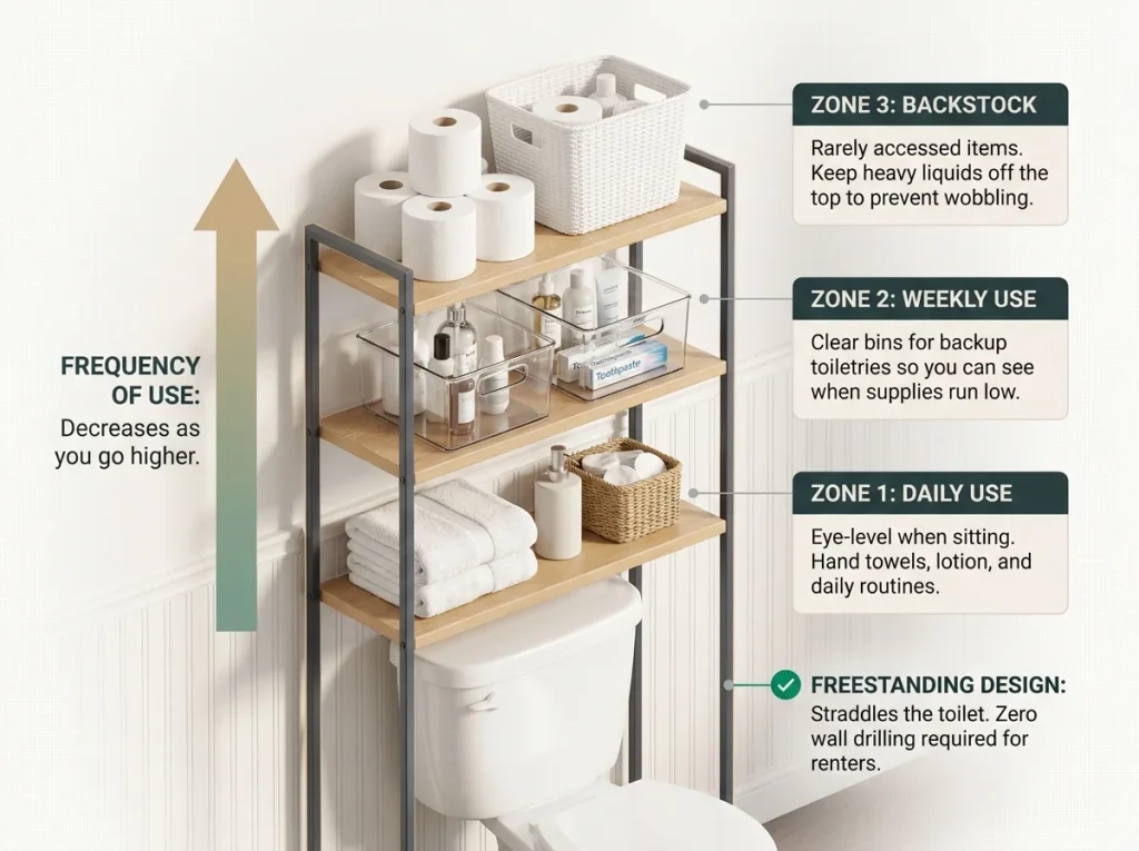 Infographic showing a freestanding 3-tier over-toilet storage shelf organized by frequency of use zones