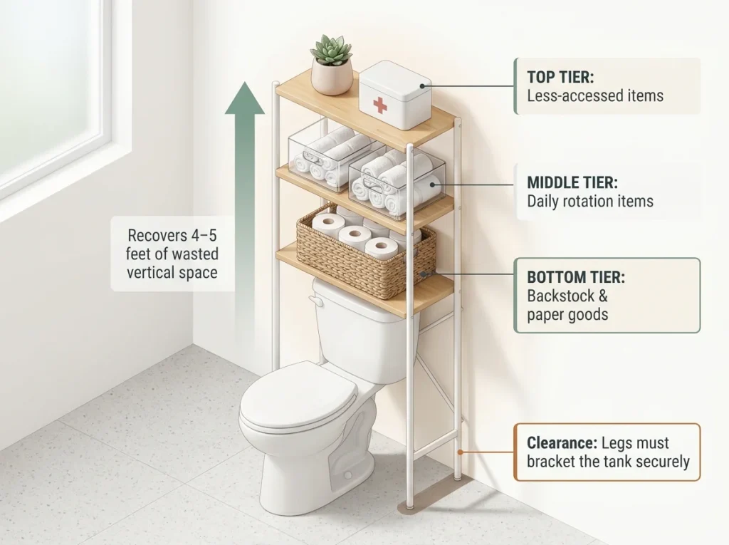 Infographic showing a 3-tier freestanding over-toilet shelf organized into functional storage zones