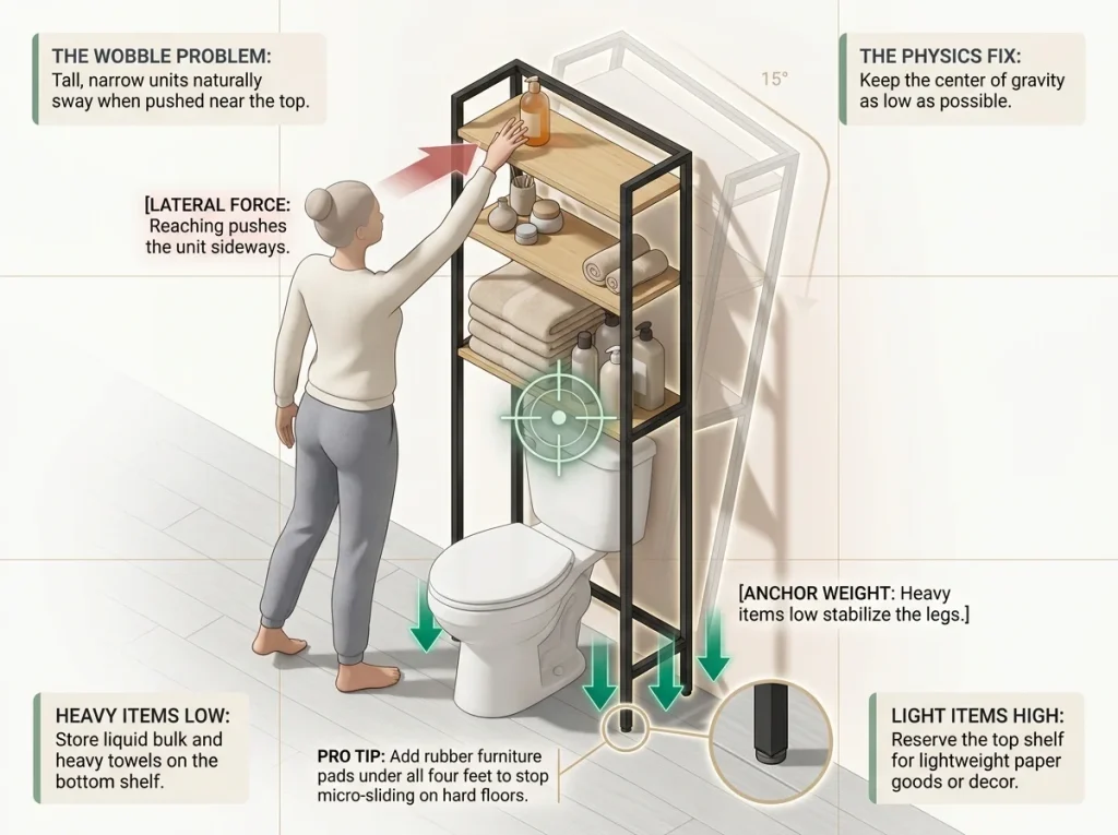 Infographic showing over-toilet shelf stability mechanics with center of gravity diagram and proper loading techniques