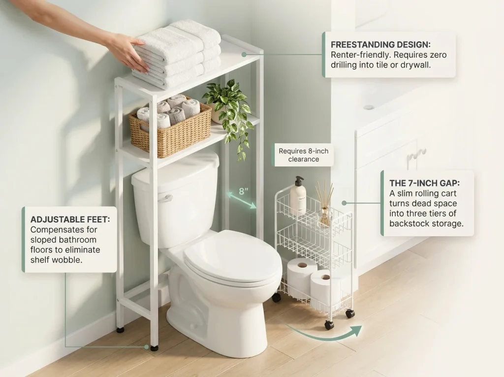 Infographic showing bathroom zone optimization with labeled freestanding over-toilet shelf and slim rolling cart for narrow gaps