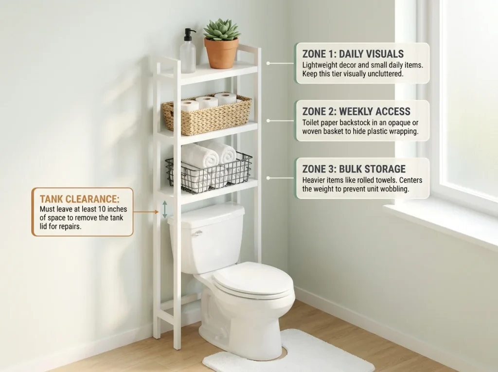 Infographic showing a freestanding over-toilet shelf organized by access frequency zones with clearance measurements